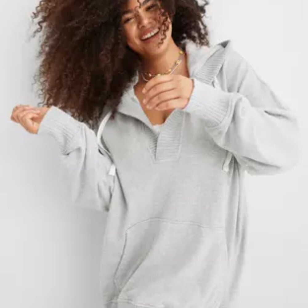 Aerie Down-To-Earth Henley Hoodie Heather Grey S